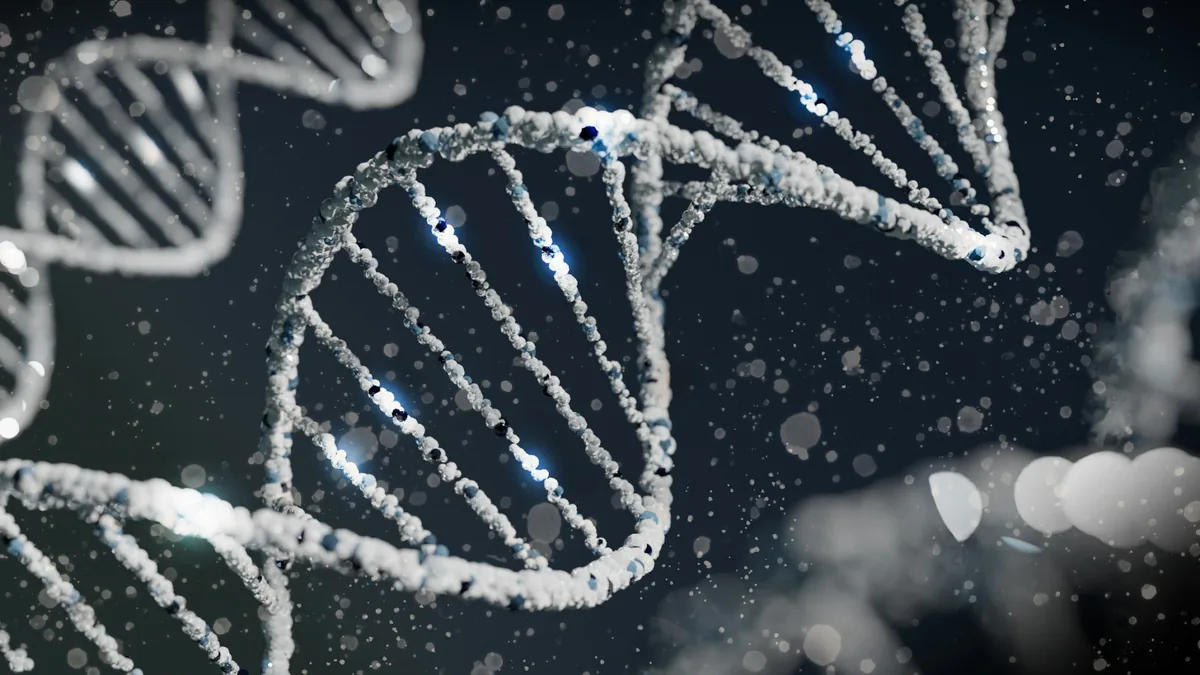 Abstract visualisation of AI-driven drug discovery, protein structures, molecular graphs, and lab automation